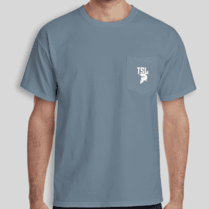 Man wearing a Great Day Tee with a small white logo on the chest pocket.