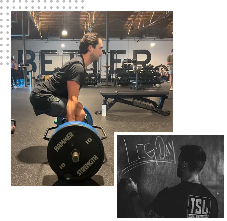 A man squatting on a bench in front of a gym.