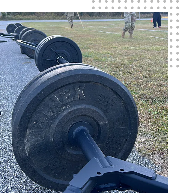 A row of barbells sitting on top of a concrete ground.