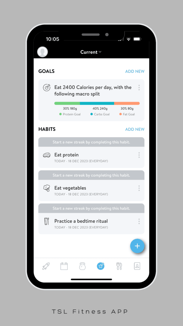 A phone screen with the words " habits " and " eat 2 4 0 0 calories per day, with the following macros split."