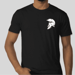 Man wearing a black Crest Tee with a white spartan helmet graphic.